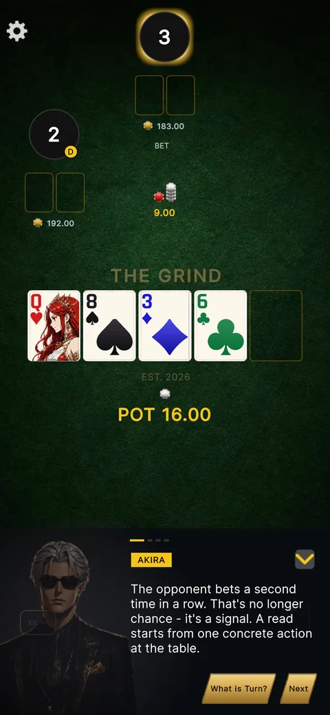 Lecture beat one: the frozen training hand, seats two and three as numbered discs with their hole cards, and Akira explaining that a second bet in a row is a signal.