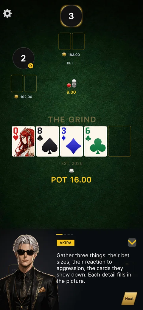 Lecture beat two: Akira listing the three things to gather - bet sizes, reaction to aggression, and the cards shown down.