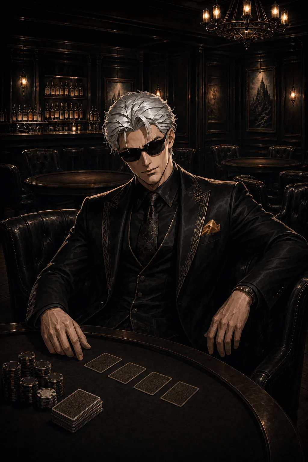 The coach, Akira, seated at a poker table under a chandelier, dealing.