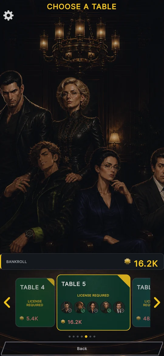 Table select: the cast standing under a chandelier above table tiles showing buy-ins.