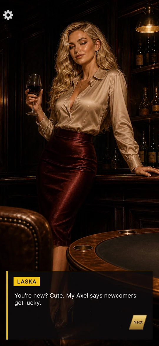 A story beat at the bar: Laska with a glass of wine says, You are new? Cute. My Axel says newcomers get lucky.