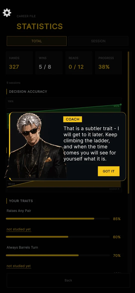 The career file showing YOUR TRAITS as percentage bars, with the coach explaining one of them.