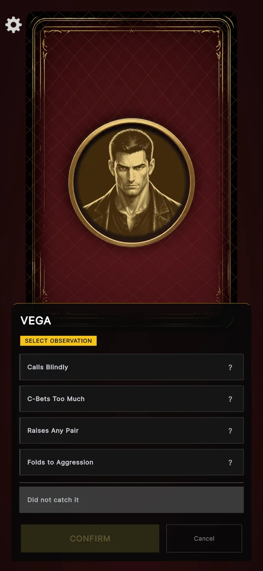 A face-down arcana card carrying Vega's portrait medallion, with SELECT OBSERVATION below it.