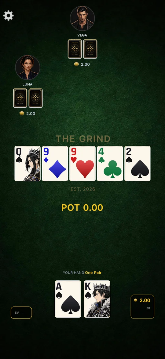 The poker table in play with Vega and Luna seated, the pot, and fold, call and raise buttons.