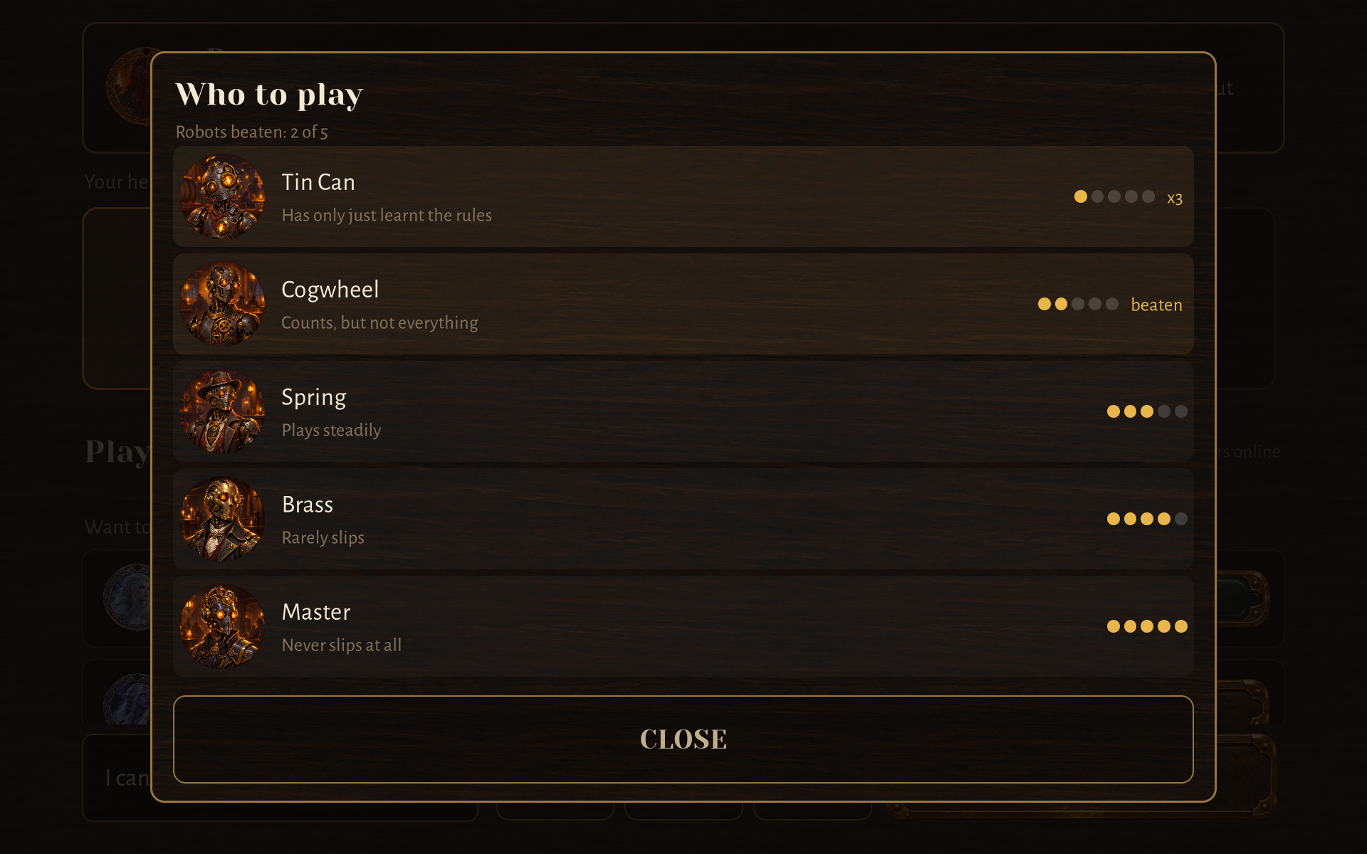 The opponent list: Tin Can, Cogwheel, Spring, Brass, and Master, with their difficulty ratings